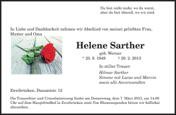 Traueranzeige von Helene Sarther von saarbruecker_zeitung