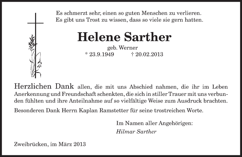  Traueranzeige für Helene Sarther vom 16.03.2013 aus saarbruecker_zeitung