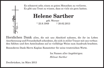 Traueranzeige von Helene Sarther von saarbruecker_zeitung