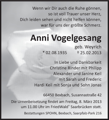 Traueranzeige von Anni Vogelgesang von saarbruecker_zeitung