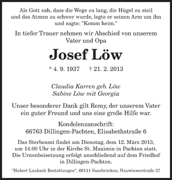 Traueranzeige von Josef Löw von saarbruecker_zeitung