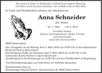 Traueranzeige von Anna Schneider von saarbruecker_zeitung