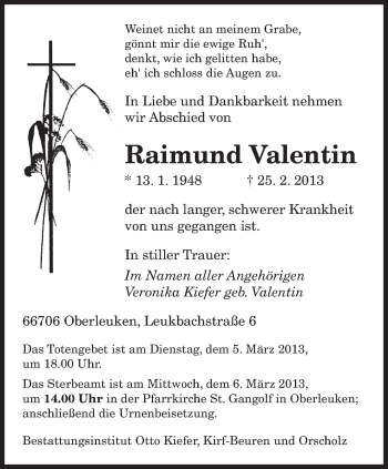 Traueranzeige von Raimund Valentin von saarbruecker_zeitung