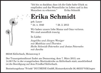 Traueranzeige von Erika Schmidt von saarbruecker_zeitung