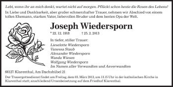 Traueranzeige von Joseph Wiedersporn von saarbruecker_zeitung