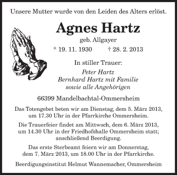 Traueranzeige von Agnes Hartz von saarbruecker_zeitung