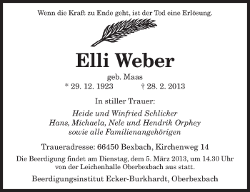 Traueranzeige von Elli Weber von saarbruecker_zeitung