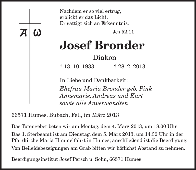  Traueranzeige für Josef Bronder vom 02.03.2013 aus saarbruecker_zeitung