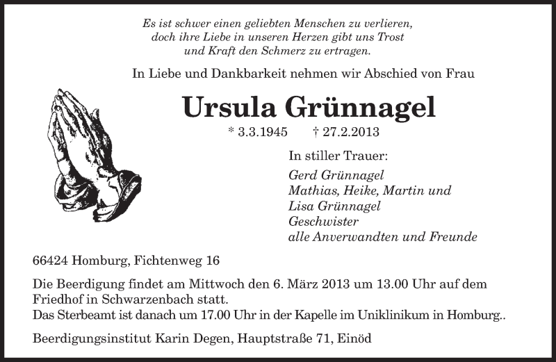  Traueranzeige für Ursula Grünnagel vom 04.03.2013 aus saarbruecker_zeitung