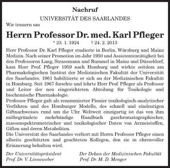 Traueranzeige von Karl Pfleger von saarbruecker_zeitung