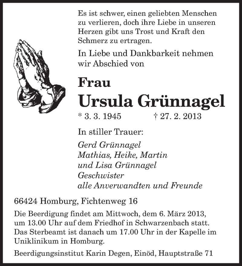  Traueranzeige für Ursula Grünnagel vom 04.03.2013 aus saarbruecker_zeitung