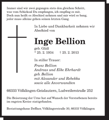 Traueranzeige von Inge Bellion von saarbruecker_zeitung
