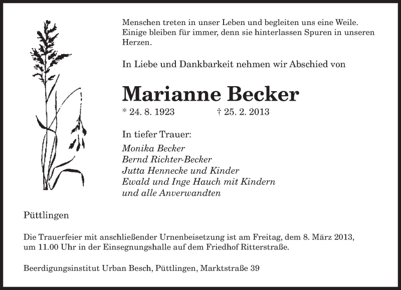  Traueranzeige für Marianne Becker vom 06.03.2013 aus saarbruecker_zeitung
