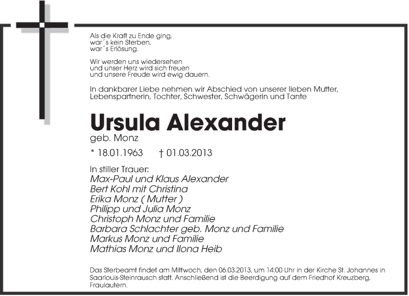  Traueranzeige für Ursula Alexander vom 04.03.2013 aus saarbruecker_zeitung