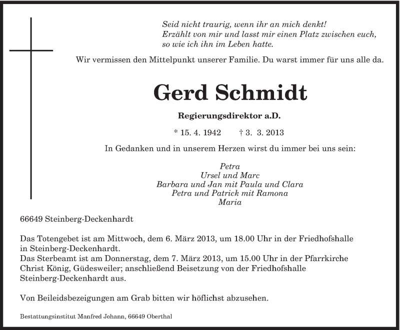  Traueranzeige für Gerd Schmidt vom 05.03.2013 aus saarbruecker_zeitung