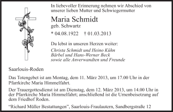 Traueranzeige von Maria Schmidt von saarbruecker_zeitung