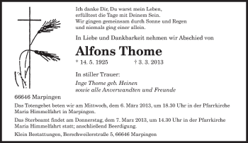 Traueranzeige von Alfons Thome von saarbruecker_zeitung