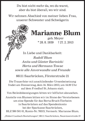 Traueranzeige von Marianne Blum von saarbruecker_zeitung