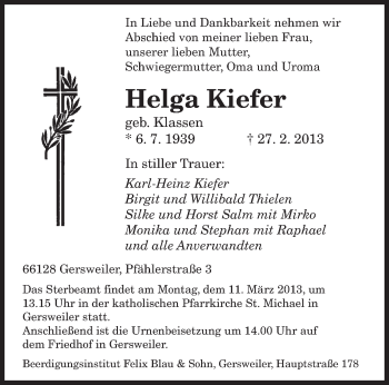 Traueranzeige von Helga Kiefer von saarbruecker_zeitung