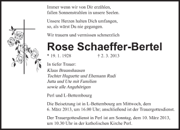Traueranzeige von Rose Schaeffer-Bertel von saarbruecker_zeitung