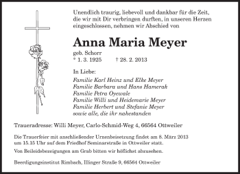 Traueranzeige von Anna Maria Meyer von saarbruecker_zeitung