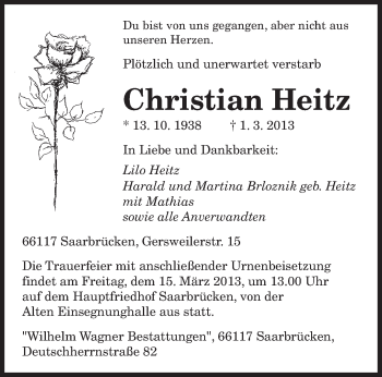Traueranzeige von Christian Heitz von saarbruecker_zeitung