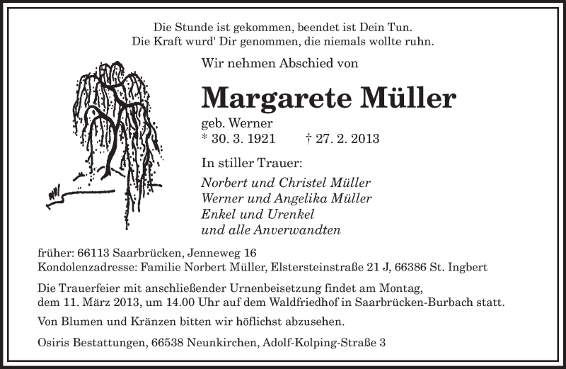  Traueranzeige für Margarete Müller vom 06.03.2013 aus saarbruecker_zeitung
