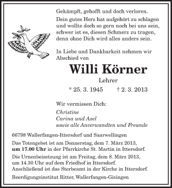 Traueranzeige von Willi Körner von saarbruecker_zeitung