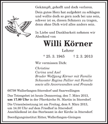 Traueranzeige von Willi Körner von saarbruecker_zeitung