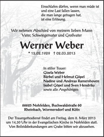 Traueranzeige von Werner Weber von saarbruecker_zeitung