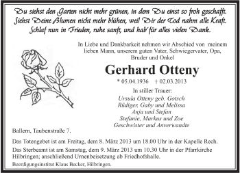 Traueranzeige von Gerhard Otteny von saarbruecker_zeitung