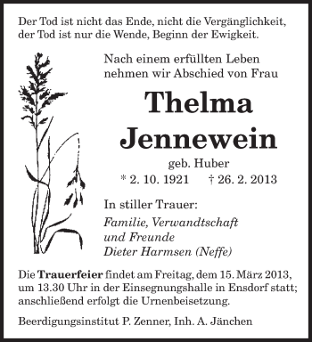 Traueranzeige von Thelma Jennewein von saarbruecker_zeitung