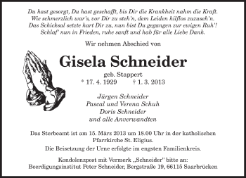 Traueranzeige von Gisela Schneider von saarbruecker_zeitung