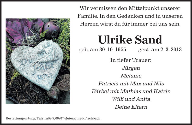  Traueranzeige für Ulrike Sand vom 09.03.2013 aus saarbruecker_zeitung