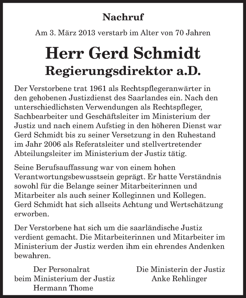  Traueranzeige für Gerd Schmidt vom 07.03.2013 aus saarbruecker_zeitung