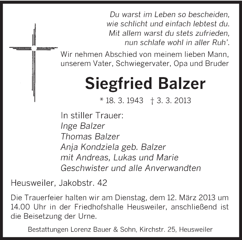  Traueranzeige für Siegfried Balzer vom 09.03.2013 aus saarbruecker_zeitung