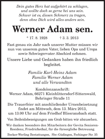 Traueranzeige von Werner Adem sen. von saarbruecker_zeitung