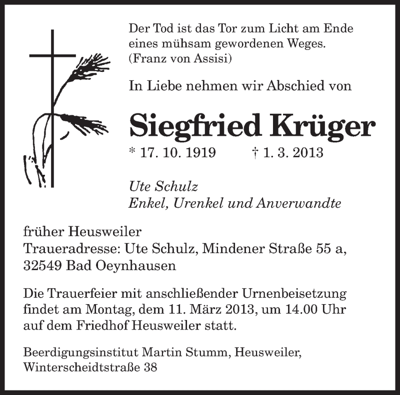  Traueranzeige für Siegfried Krüger vom 09.03.2013 aus saarbruecker_zeitung