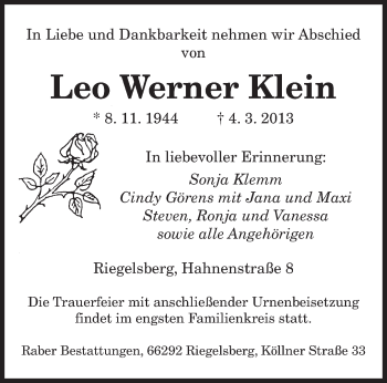 Traueranzeige von Leo Werner Klein von saarbruecker_zeitung