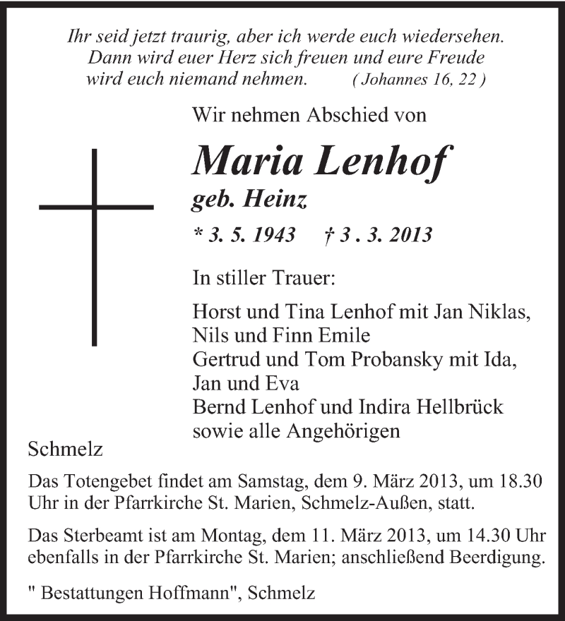  Traueranzeige für Maria Lenhof vom 08.03.2013 aus saarbruecker_zeitung
