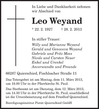 Traueranzeige von Leo Weyand von saarbruecker_zeitung