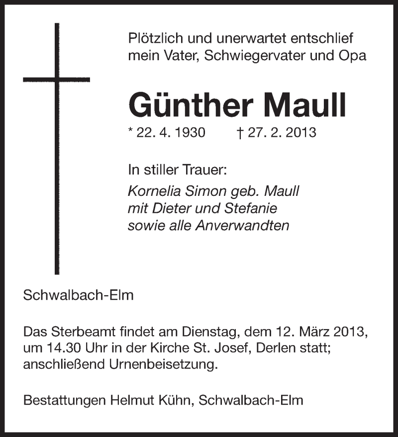  Traueranzeige für Günther Maull vom 09.03.2013 aus saarbruecker_zeitung