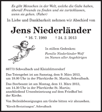 Traueranzeige von Jens Niederländer von saarbruecker_zeitung