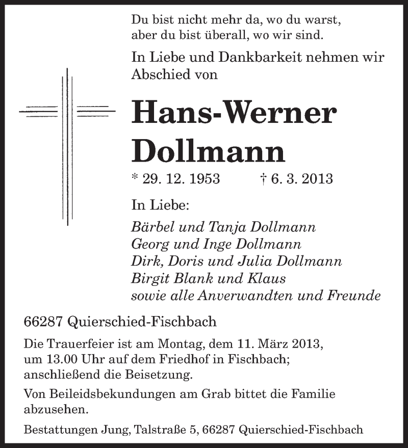  Traueranzeige für Hans-Werner Dollmann vom 09.03.2013 aus saarbruecker_zeitung