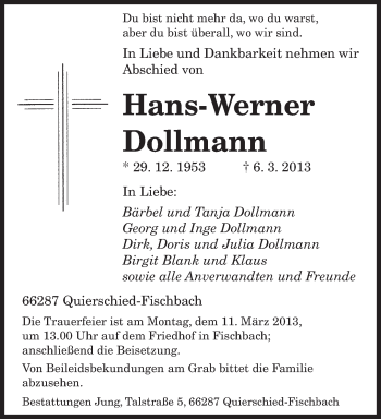 Traueranzeige von Hans-Werner Dollmann von saarbruecker_zeitung