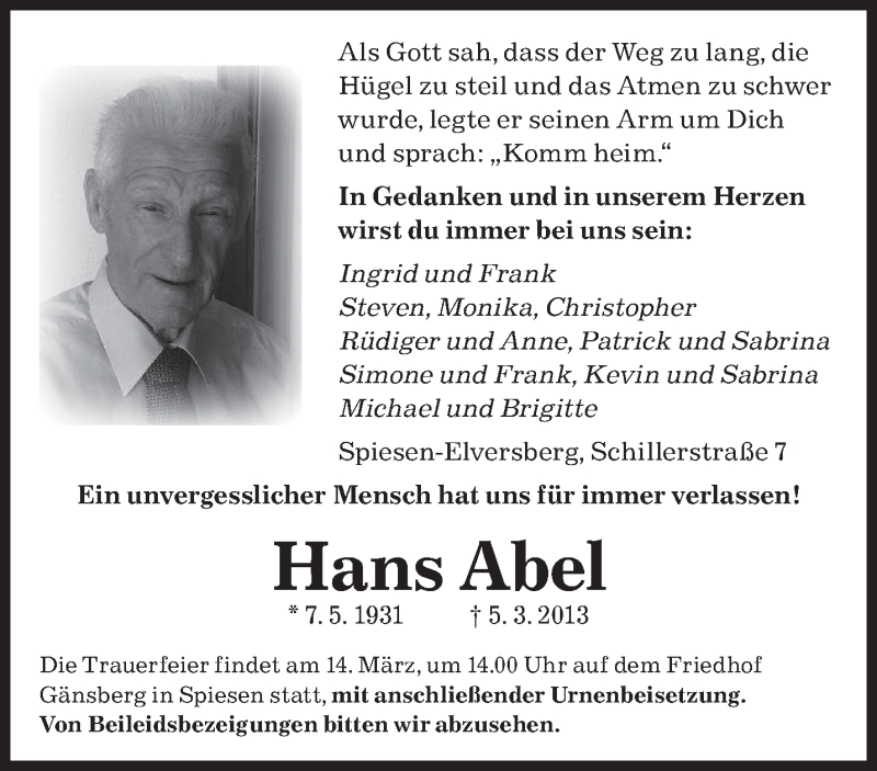  Traueranzeige für Hans Abel vom 12.03.2013 aus saarbruecker_zeitung