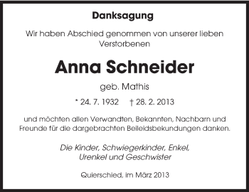 Traueranzeige von Anna Schneider von saarbruecker_zeitung