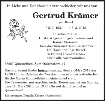 Traueranzeige von Gertrud Krämer von saarbruecker_zeitung