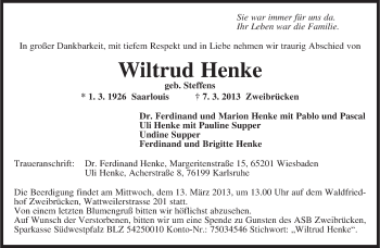 Traueranzeige von Wiltrud Henke von saarbruecker_zeitung