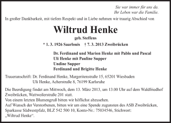 Traueranzeige von Wiltrud Henke von saarbruecker_zeitung